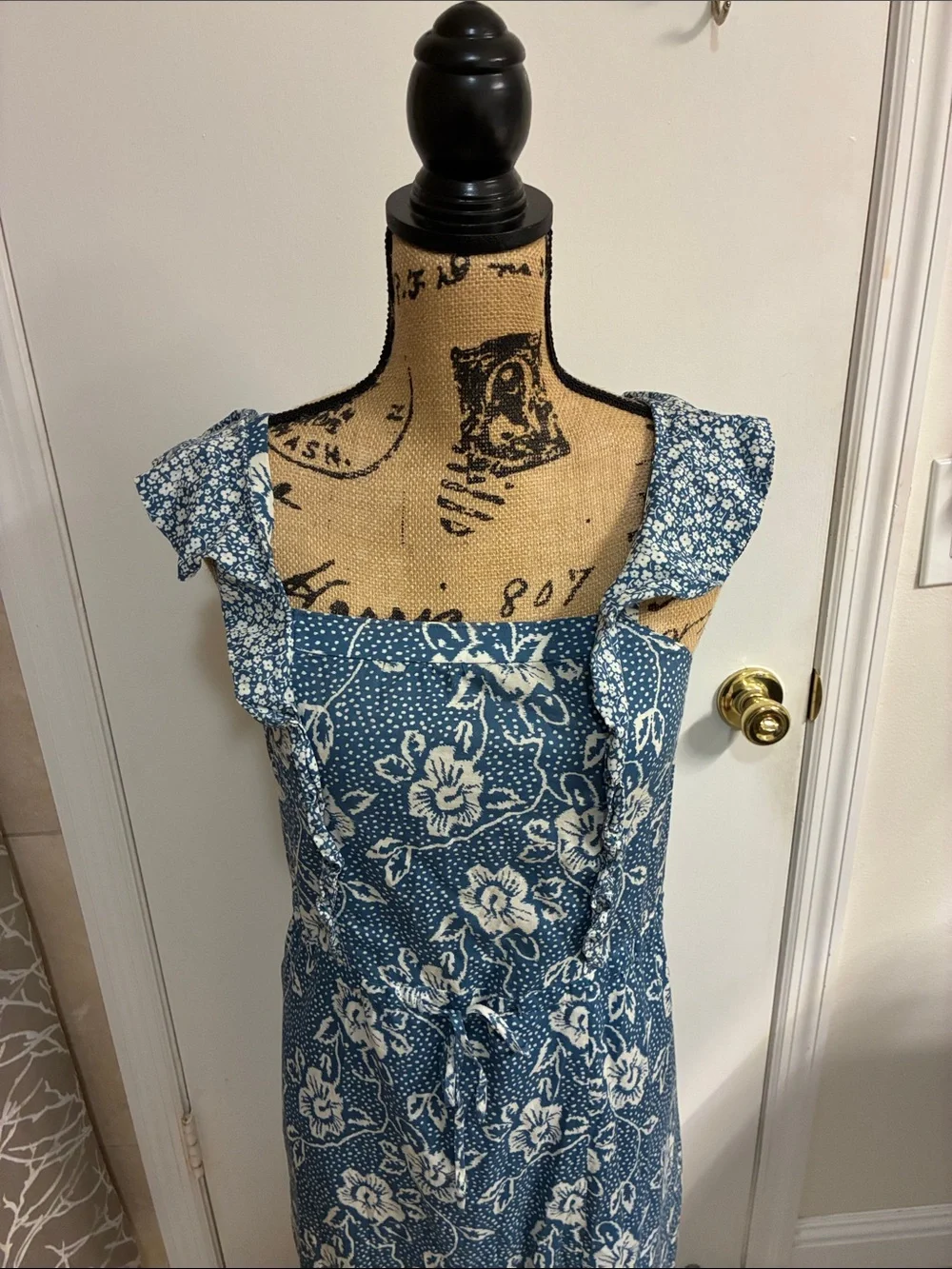 PAIGE Blue and White Floral Maxi Dress with Ruffle Hem Sz S